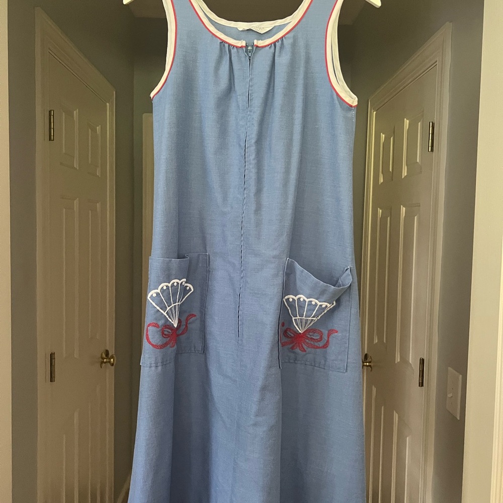 Komar Vintage Blue House Dress with Embroidered Pockets